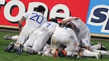 Greece players celebrate a last-minute winner against Malta last time out
