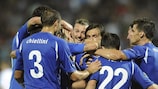 Antonio Cassano is congratulated after scoring Italy's second goal