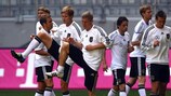 Germany (pictured in training this week) can seal their qualification from Group A