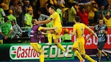Andriy Shevchenko jumps for joy after scoring against Sweden