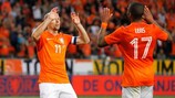 Arjen Robben and Jeremain Lens celebrate a goal against Wales