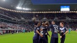 Bordeaux celebrate their opening goal against Montpellier