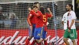 España celebra la victoria ante Portugal en los octavos de final de la Copa Mundial de la FIFA 2010.