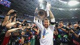 Real Madrid captain Sergio Ramos lifts the UEFA Champions League trophy in Kyiv in May