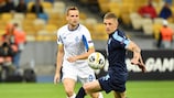 Malmö's Søren Rieks (right) tries to stop Tomasz Kędziora of Dynamo Kyiv in the first round of Group B games