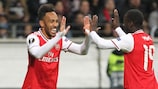 Pierre-Emerick Aubameyang celebrates scoring in Arsenal's Group F opener