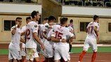Sevilla players celebrate at Qarabağ on Matchday 1