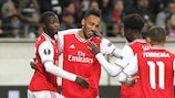 Pierre-Emerick Aubameyang (second left) after scoring for Arsenal at Eintracht