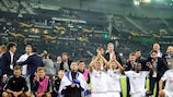 Olexandriya players acknowledge their fans after losing at Wolfsburg on Matchday 1
