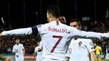 Portugal's forward Cristiano Ronaldo celebrates scoring the opening goal with his teammates during the UEFA Euro 2020 Group B qualification football match Lithuania v Portugal in Vilnius, Lithuania, on September 10, 2019. (Photo by Petras Malukas / AFP) (Photo credit should read PETRAS MALUKAS/AFP/Getty Images)