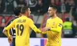 Selim Amallah (left) celebrates scoring for Standard at Eintracht