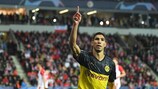 Dortmund's Achraf Hakimi celebrates the second of his two goals at Slavia