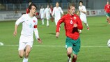 Sergei Gigevich (right) in action for Belarus during their play-off victory against Turkey