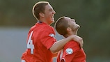 Dan Gosling (left) congratulates Henri Lansbury after the Arsenal FC player put England ahead