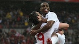 Andy Carroll (left) congratulates Danny Rose on opening the scoring for England