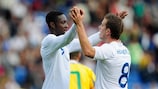 Danny Welbeck (left) celebrates his second and England's third with Jordan Henderson