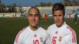 Hungary goalscorers Csaba Ponczók (left) and István Kovács enjoy the 2-0 win against Poland that took them through