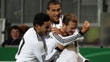 Konstantin Rausch is congratulated after scoring for Germany in their 2-0 friendly win against England