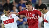 Denmark striker Nicolaj Agger in action against Turkey