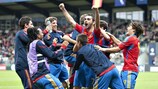 España celebra su victoria ante Bielorrusia en las semifinales en el Viborg Stadion