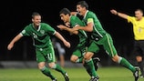 Anthony O'Connor (centre) rejoices after scoring Ireland's winning goal