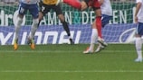 Gianni Bruno of Belgium heads in the opening goal