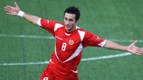 Terence Vella celebrates scoring Malta's first equaliser