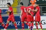 Turkey celebrate their second goal against Hungary
