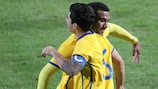 Sweden celebrate Jiloan Hamad's goal in Malta