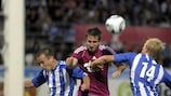 Timi Lahti (R) pictured here in action for HJK Helsinki shone at both ends for Finland
