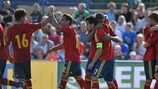 Derik Osede celebrates putting Spain 2-0 up against Greece