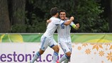 Greece captain Giorgos Katidis and Spyros Fourlanos celebrate in Estonia