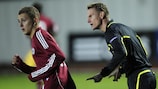 Deniss Rakeļs (left) in action during Latvia's home draw with Kazakhstan