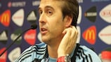 Spain coach Julen Lopetegui addresses the assembled media on Wednesday
