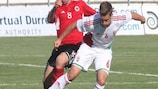 Albania's Idriz Batha (left) competes with Hungary goalscorer József Windecker