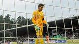 Netherlands goalkeeper Mickey van der Hart picks the ball out of the net against Portugal