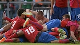 Serbia players celebrate after their shoot-out success