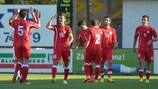Грузины празднуют один из трех голов в ворота сборной Люксембурга