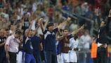 Guy Luzon salutes his Israel squad after their victory against England in the summer