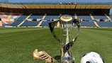 O troféu, a Bota de Ouro da adidas e a bola oficial exibidos antes da final de 2013