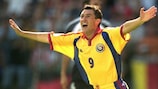Viorel Moldovan celebrates a goal for Romania during UEFA EURO 2000