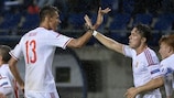Hungary's Bence Mervó (right) celebrates his goal against Portugal