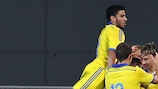 Denys Arendaruk (No7) celebrates after putting Ukraine 2-0 up against Israel