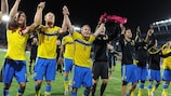 Sweden players celebrate their semi-final triumph in Prague