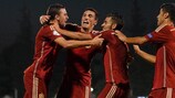 Spain celebrate after Borja Mayoral's opening goal