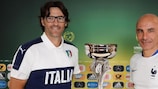 Italy coach Paolo Vanoli (left) with France's Ludovic Batelli and the Under-19 trophy