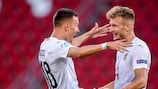 Dejan Ljubicic (left) and Stefan Posch celebrates Austria's matchday one win