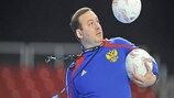 Russia coach Sergei Skorovich demonstrates his ball skills in training