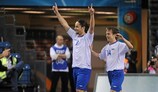 Тьяго и Виталий Борисов празднуют гол сборной Азербайджана