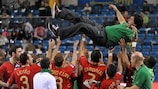 Portugal chair their coach Orlando Duarte after beating Azerbaijan on penalties